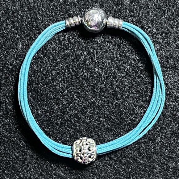 Pandora Multi-strand 5 String Turquoise Bracelet Filigree Charm Bag 925 6.5”-7” - Picture 2 of 6